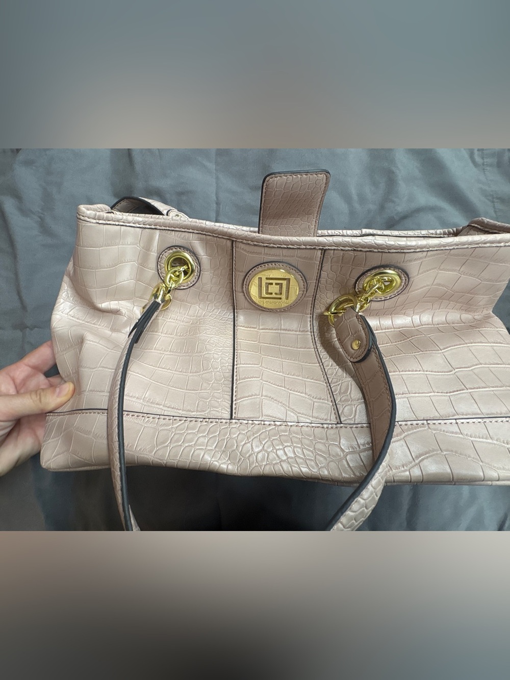 Liz Claiborne Y2K Blush Pink Croc Embossed Tote Shoulder Bag Gold Hardware